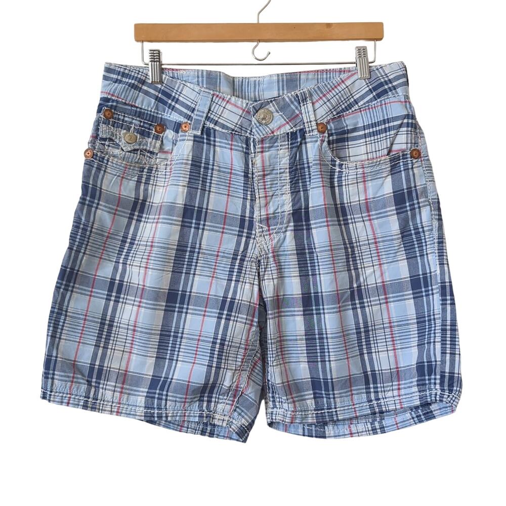 Vintage True Religion Y2K Plaid Blue‎ Baggy Mens Shorts Boardshort Everyday 36